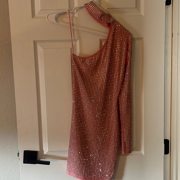 light pink, rhinestone, one sleeved, choker pencil dress - Picture 1 of 4